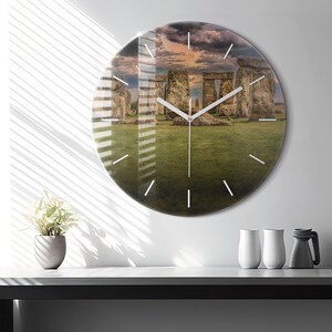 Stonehenge Nimbostratus Glass Clock, Green Modern Clock, Countries of the world Minimalistic Clock, Personalized Clock, Numbers or Lines