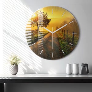 Fog at sunrise Glass Clock, Green Wall Clock, Landscape Hanging Clock, Personalized Clock, Numbers or Lines Collection