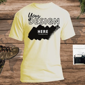 Yellow T-shirt Mockup, Gildan 5000 Yellow Blank Styled T-Shirt Flat Lay Traveler Style Mock Up, Men Tee Mockups, T-shirt Display Flatlay