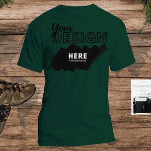 Green T-shirt Mockup, Gildan 5000 Green Blank Styled T-Shirt Flat Lay Traveler Style Mock Up, Men Tee Mockups, T-shirt Display Flatlay