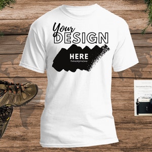 White T-shirt Mockup, Gildan 5000 White Blank Styled T-Shirt Flat Lay Traveler Style Mock Up, Men Tee Mockups, T-shirt Display Flatlay