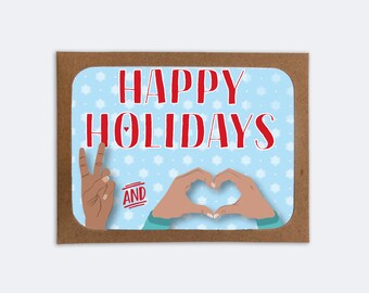Peace and Love Hands Happy Holidays (box of 8) | 8 Blank inside Cards with 8 Envelopes | Winter Holidays Stationery | Notecards