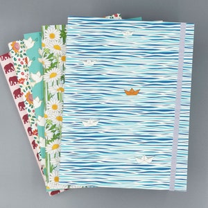 Búsqueda de Home Recycled Journal con Banda elástica / Notebook / Sketchbook / Ilustración de barco de agua y papel / 6x8 / Unlined