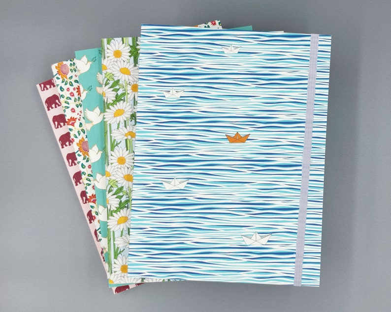 Finding Home Recycled Journal with Elastic Band Notebook Sketchbook Water and Paper Boat Illustration 6x8 Unlined image 1