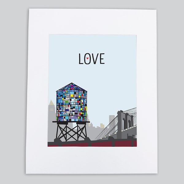 Brooklyn Love Art Print  | 8"x10" Final size with mat: 11”x14 | recycled felt paper | Illustration