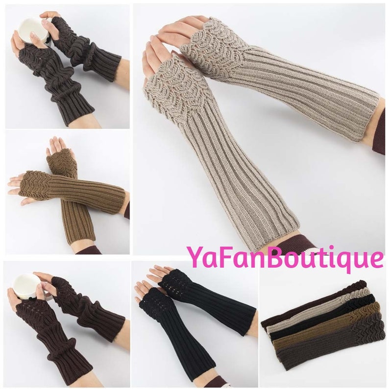 Elegant Women Fingerless Long Gloves Thumbhole Knit Arm Warmer Sleeve Elbow Length Soft Solid Color Mitten Winter 1 Pair