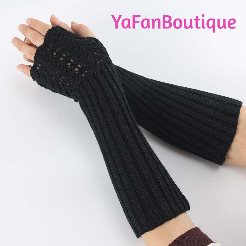 Elegant Women Fingerless Long Gloves Thumbhole Knit Arm Warmer Sleeve Elbow Length Soft Solid Color Mitten Winter 1 Pair