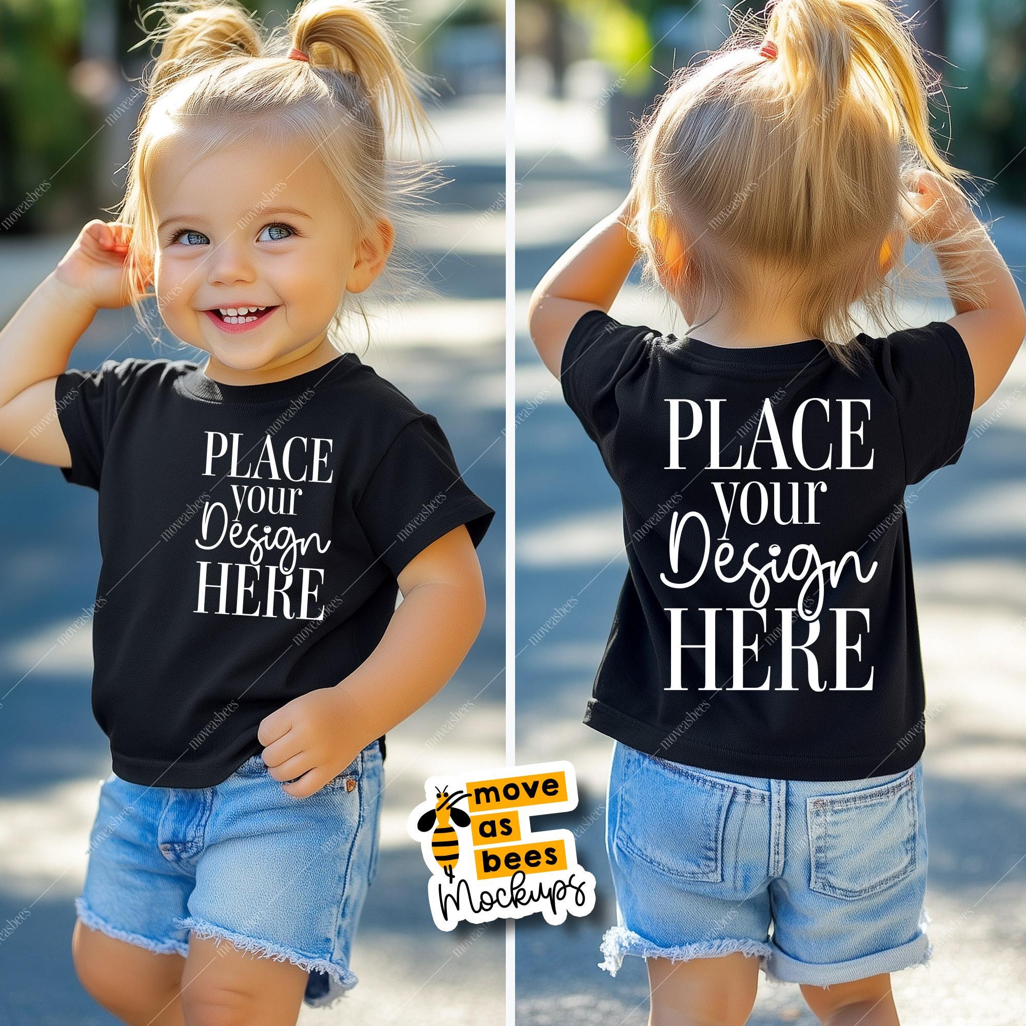Kids Black TShirt Mockup Front and Back View Kids Bella Canvas 3001t Mockup Toddler Little Girl Shirt Mockup Child Both Side Mockup Two Side