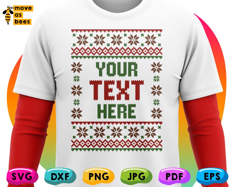 May include: A white t-shirt with a red, green, and brown Christmas sweater design. The design features snowflakes, diamonds, and the text "YOUR TEXT HERE".