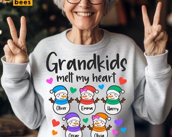 Grandkids Melt My Heart Svg, Png, Personalize Grandma&#39;s Christmas Shirt Svg, Granny of Snowmen Svg, 2-14 Grandchildren Custom Names