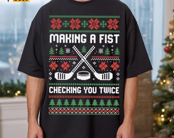Making A Fist Checking You Twice Svg, Png, Hockey Ugly Christmas Sweater Svg, Holiday Season, Hockey Days Shirt Svg, Cricut, Sublimation