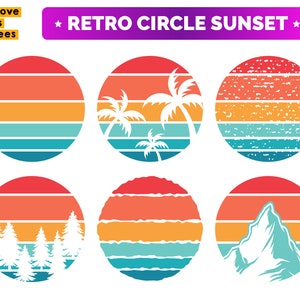 Retro Sunset Svg, Pacchetto Png per sublimazione e macchine da taglio, Cricut, Spiaggia, Montagna, Gradiente del cerchio dell&#39;alba, Ombre