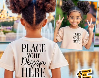 Kids Natural TShirt Mockup Front and Back Sides Kids Mockup Little Girl Model with Double Afro Puffs Shirt Mockup Children Outdoor Summer