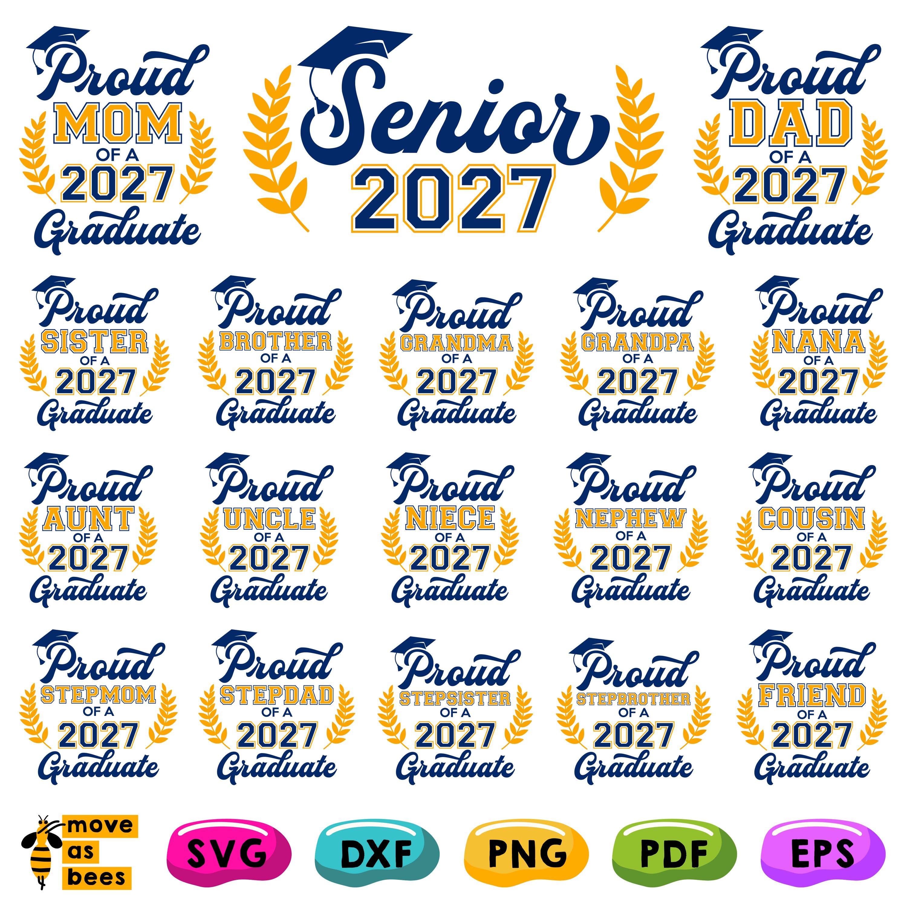 Senior 2027 Graduate SVG Bundle, Family Shirts, Gold Blue Varsity Design (SVG, PNG)