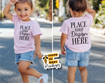 Both Side Girl Toddler Pink Shirt Mockup Kids Bella Canvas 3001t Mock up Children&#39;s Apparel Front and Back View Tee Mockup Summer Outdoors