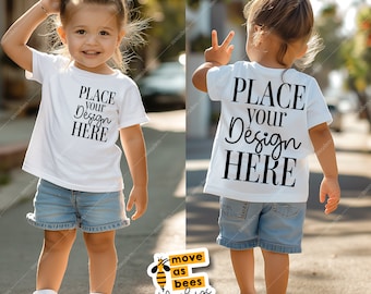 Kids White TShirt Mockup Front and Back Sides Kids Bella Canvas 3001t Mockup Toddler Girl Model Shirt Mockup Children Outdoor Mockup Summer