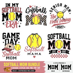 May include: A selection of softball-themed designs with yellow softballs, text, and graphics. Designs include "Softball Mom," "Game Day," and "Senior Mom." The designs are in black, white, and pink.