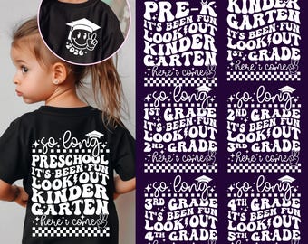 Paquete de PNG y SVG para la graduación infantil de 2026, ¡Adiós preescolar!, Jardín de infancia, ¡Prepárense para 1.º, 2.º, 3.º y 4.º grado!, ¡Primer día de regreso a clases!