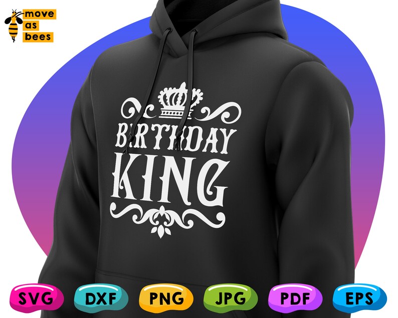 May include: Black hoodie with a white graphic design that says "Birthday King" with a crown above the text. The graphic is surrounded by a decorative scroll design.