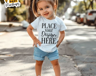 Kids White TShirt Mockup Kids Bella Canvas 3001t Mockup Toddler Girl Model Shirt Mockup Children Outdoor Mockup Summer City Lifestyle Mockup