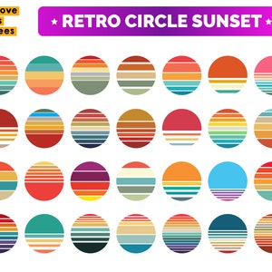 Puede incluir: Un conjunto de 36 diseños de puesta de sol en círculo retro en varios colores, incluidos rojo, naranja, amarillo, verde, azul y morado. Cada círculo presenta una puesta de sol estilizada con rayas horizontales.