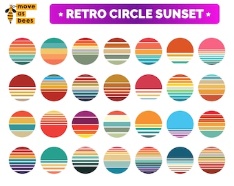 May include: A set of 36 retro circle sunset designs in various colors, including red, orange, yellow, green, blue, and purple. Each circle features a stylized sunset with horizontal stripes.
