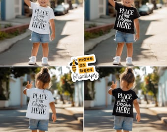 Kids TShirt Mockup Front and Back Side Black & White Bella Canvas 3001t Mockup Toddler Girl Model Shirt Rear View Outdoor Summer Mockup