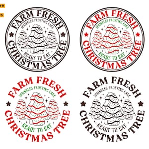 May include: Four circular Christmas-themed designs with text and illustrations. Each design features the words "FARM FRESH," "SPRINKLES FROSTING CAKE," and "READY TO EAT" around a Christmas tree illustration. The designs are in red, green, and brown.