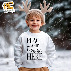 Kids Christmas Sweatshirt Mockup Boy Model White Long Sleeve Shirt Mockup Children Winter Outdoor Mock ups Crewneck Shirt Mockup Kids