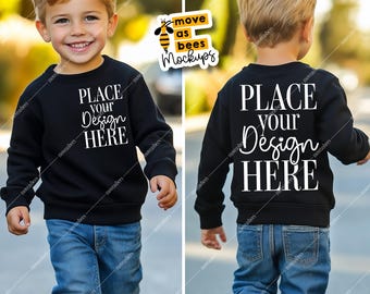Kids Black TShirt Mockup Front and Back Sides Kids Gildan 18000 Mockup Toddler Boy Model Sweatshirt Mockup Little Baby long Sleeve Mockup