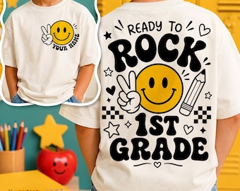 Ready to Rock 1st Grade Smiley Shirt, Back to School PNG, SVG Font For Custom Name Included (Digital Download)