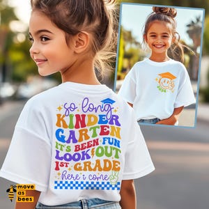 さようなら幼稚園、楽しかったね。1年生になるぞ。さようなら。SVG、PNG、スマイリー卒業生帽子、男の子、女の子、2026年新学期キッズシャツSVG