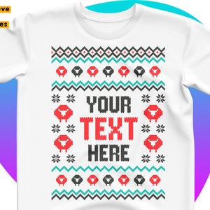 May include: White t-shirt with a red and black Christmas sweater design. The design features a repeating pattern of snowflakes, sheep, and the text "YOUR TEXT HERE".