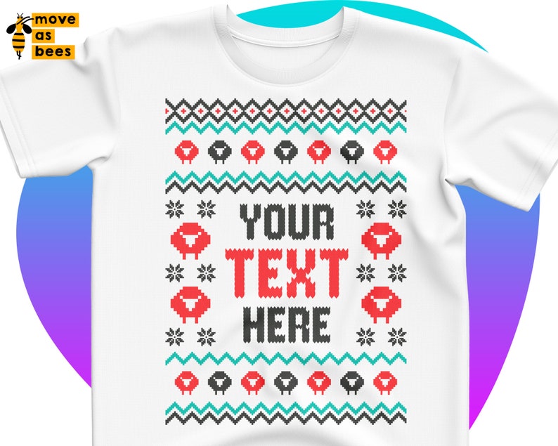 May include: White t-shirt with a red and black Christmas sweater design. The design features a repeating pattern of snowflakes, sheep, and the text "YOUR TEXT HERE".