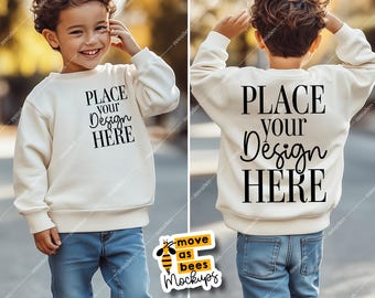 Kids White Sweatshirt Mockup Front and Back View Kids Gildan 18000 Mockup Little Boy Shirt Mockup Child Both Side Mockup Two Side Shirt Mock