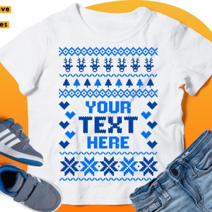 May include: White t-shirt with a blue and white Christmas-themed pattern. The text "YOUR TEXT HERE" is in the center of the shirt.