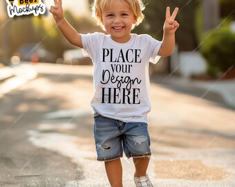 Kids White T-Shirt Mockup Toddler Boy Model Short Sleeve Shirt Mockup Children Urban Mockup Vacation Holiday Summer Autumn Fall Mockup Kids