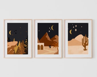 Mid Century Modern Art Print, Boho Decor, Minimalist Gallery Wall, Abstract Moon Desert Print, Printable set of 3 abstract boho art poster