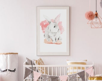 PRINTABLE Rabbit Print, Bunny Watercolor Print, Rabbit Art, Nursery Wall Art, Nursery Print, Nursery Animal Print, Woodland Poster Art decor