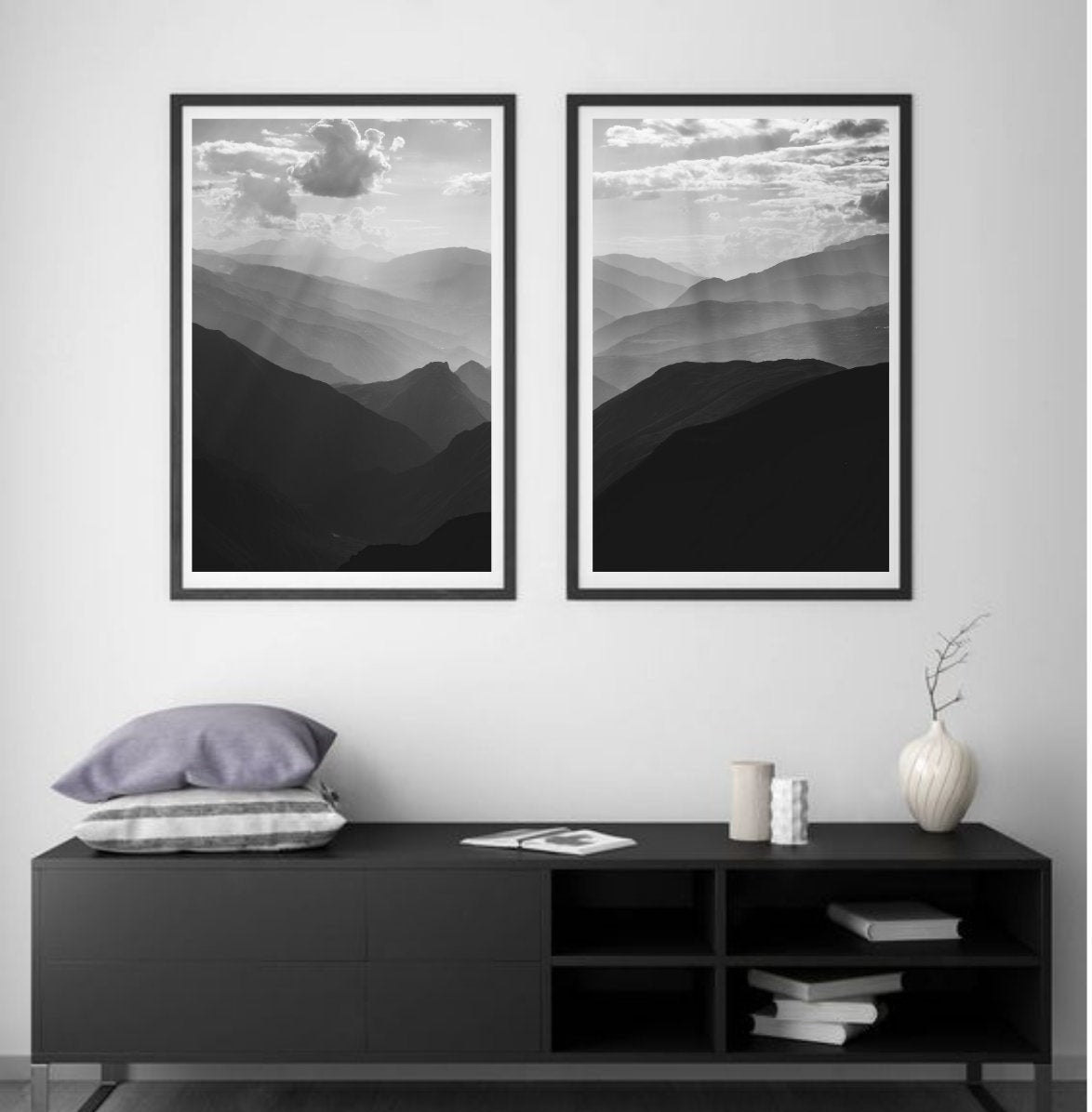 Set of 2 Mountain Print Landscape Black and White Wall Art | Etsy