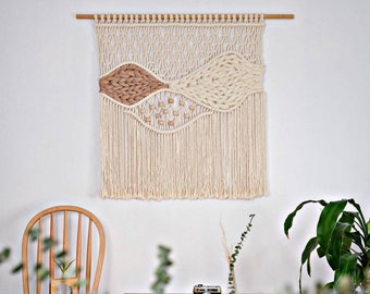 grandes olas macrame pared colgante tapiz, tejido con lana, tinte de inmersión tejido algodón madera flotante, sala de estar, granja moderna fibra arte boho