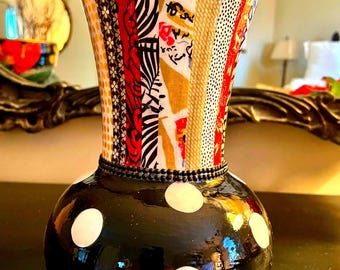 ART DECO Black and white polka dot REVERSE decoupage vase