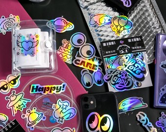 NEW || Holographic Sticker Package, Silver Rainbow Stickers| 40 pcs/pkg. Scrapbook Paper Material, Penpal Supplies, Bujo Supplies. Free Gift