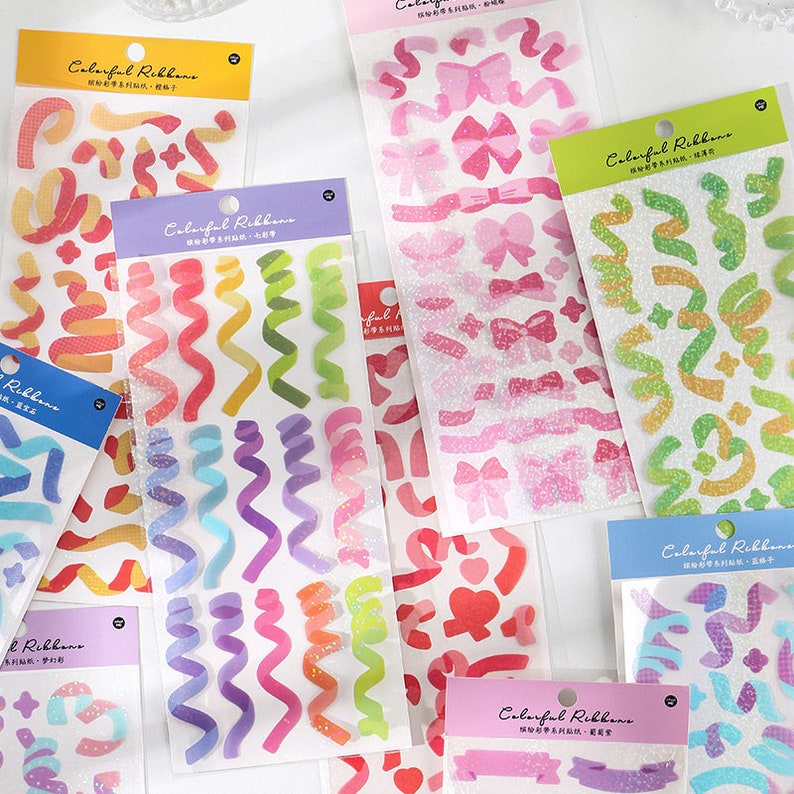 HOT! ||  Colorful Ribbon Deco Clear Stickers Set | 10 styles. Scrapbooking Stickers, Card Embellishment, Plant Lover Gift. Free Gift. 