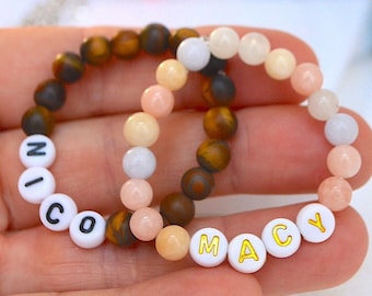 Twin Personalized Baby BraceletsSingle, Twin Gift Set, Pink Quartz and Tiger Eye, Custom Made, Baby Shower Gift, Toddler and Kids Jewelry