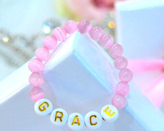 Personalized Pink Cats Eye Quartz Bracelet, Kids Name Bracelet, Custom Baby Shower Gift, Girls Toddler Jewelry, Matching Mom And Me Bracelet