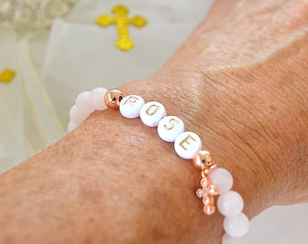 First Communion Bracelet for Girls, Personalized Rose Quartz Bracelet, 18K Rose Gold Cross Charm, Custom Name Baptism Christening Gift