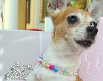 Summer Sparkle Rainbow Dog Collar, 18K Gold Beads, Dog Pearl Necklace, Pet Jewelry, Bridesmaid dog Collar, Pet Gifts, Birthday Gift Dogs