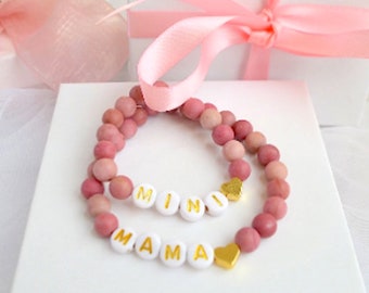 Pink Mommy & Baby Rhodonite Personalized Baby Bracelet, Mother Daughter Bracelets, Mom and Baby Bracelets, Baby Shower Gift, Gift Girls