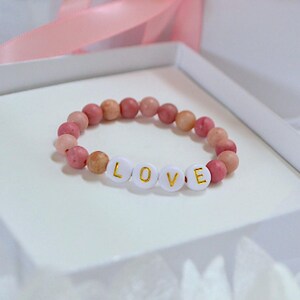 Personalized Baby Name Bracelet, Rhodonite Gemstone Beads, Custom Word, Toddler Kids Jewelry, Girl or Boy Gift, Baby shower Gift, Big Bro